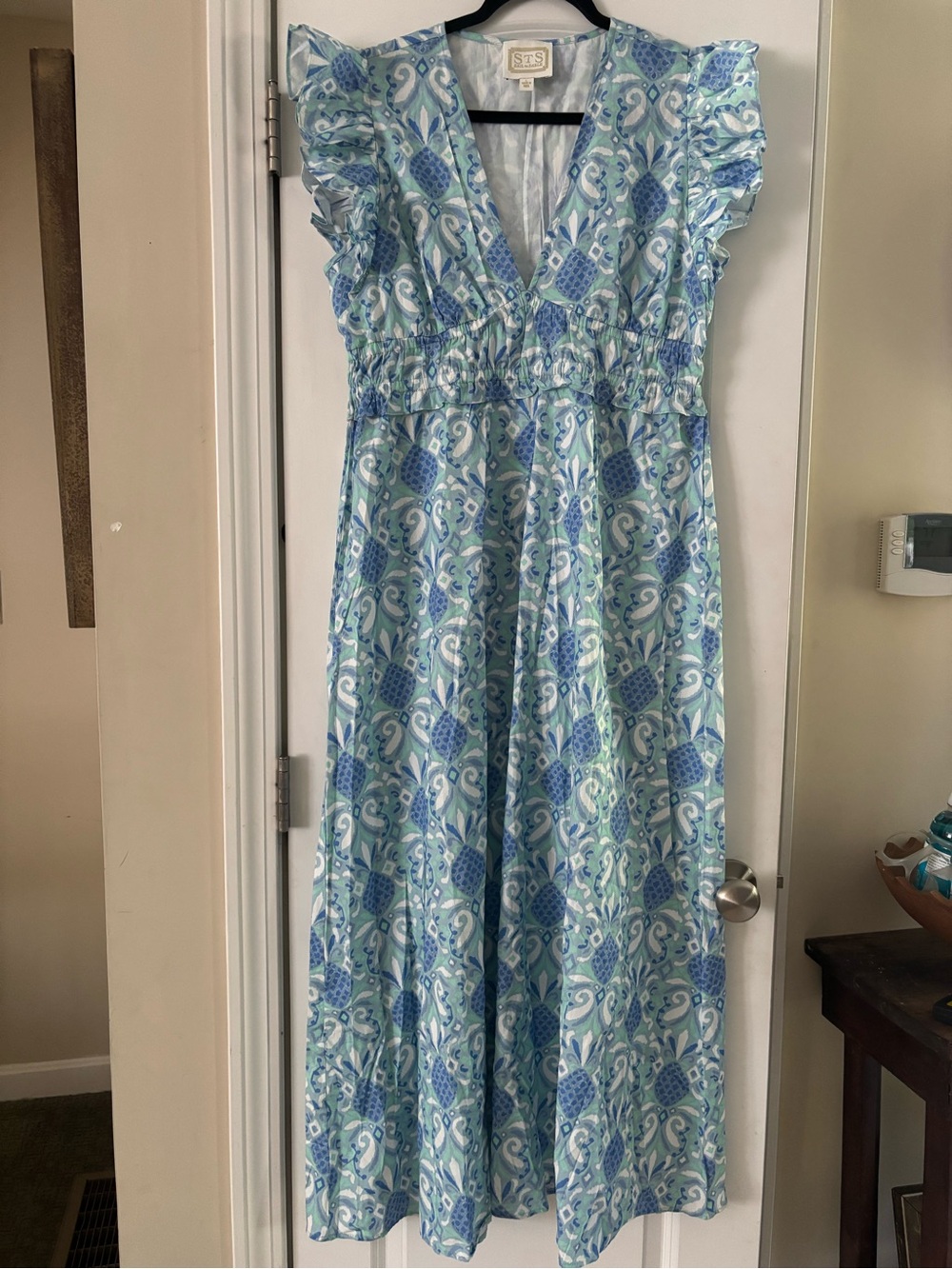 Sail to Sable Maxi Dress Flutter Sleeve Blue and Aqua Paisley Pineapple Print L